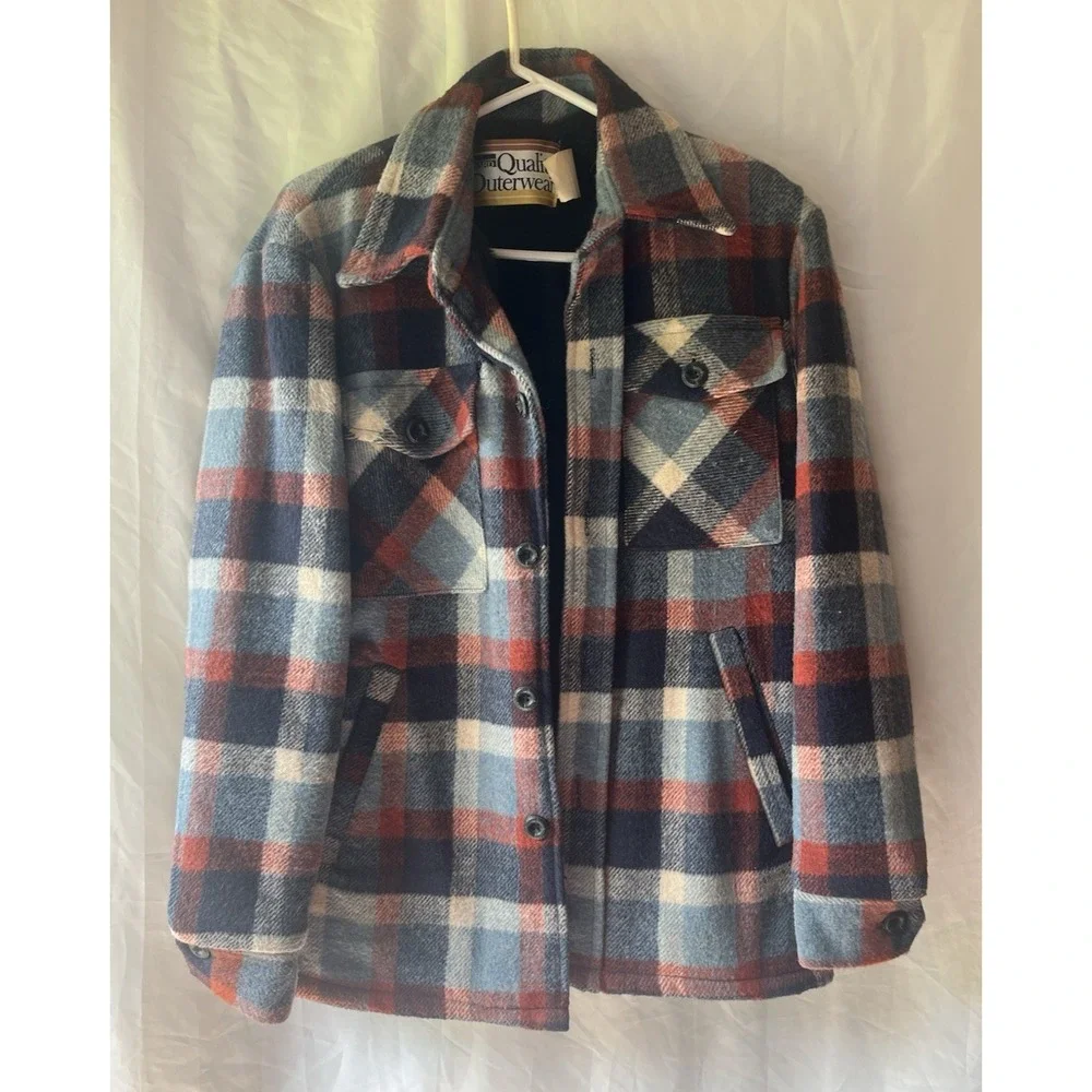 Vintage‎ Montgomery Ward Blue Wool Blend Plaid Fleece Lined Jacket Heavy Shirt